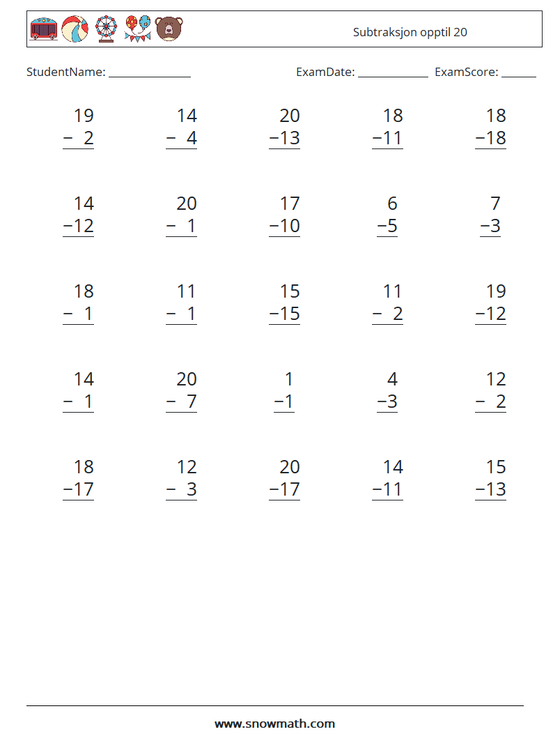 (25) Subtraksjon opptil 20 MathWorksheets 14