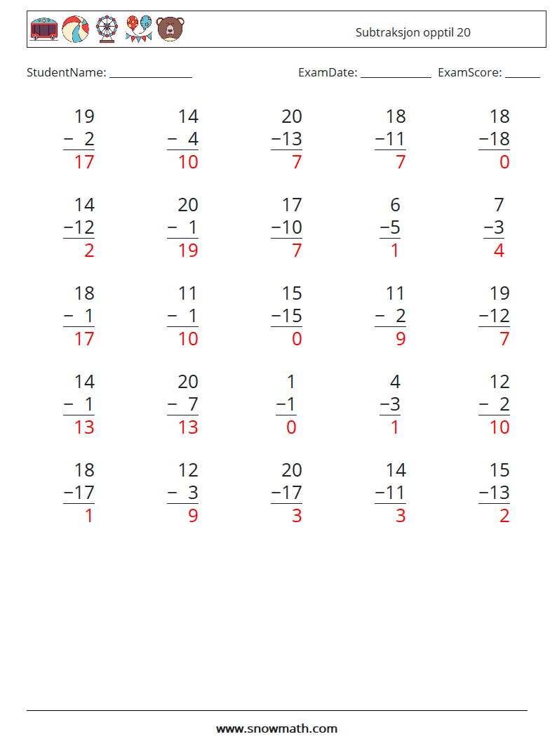 (25) Subtraksjon opptil 20 MathWorksheets 14 QuestionAnswer