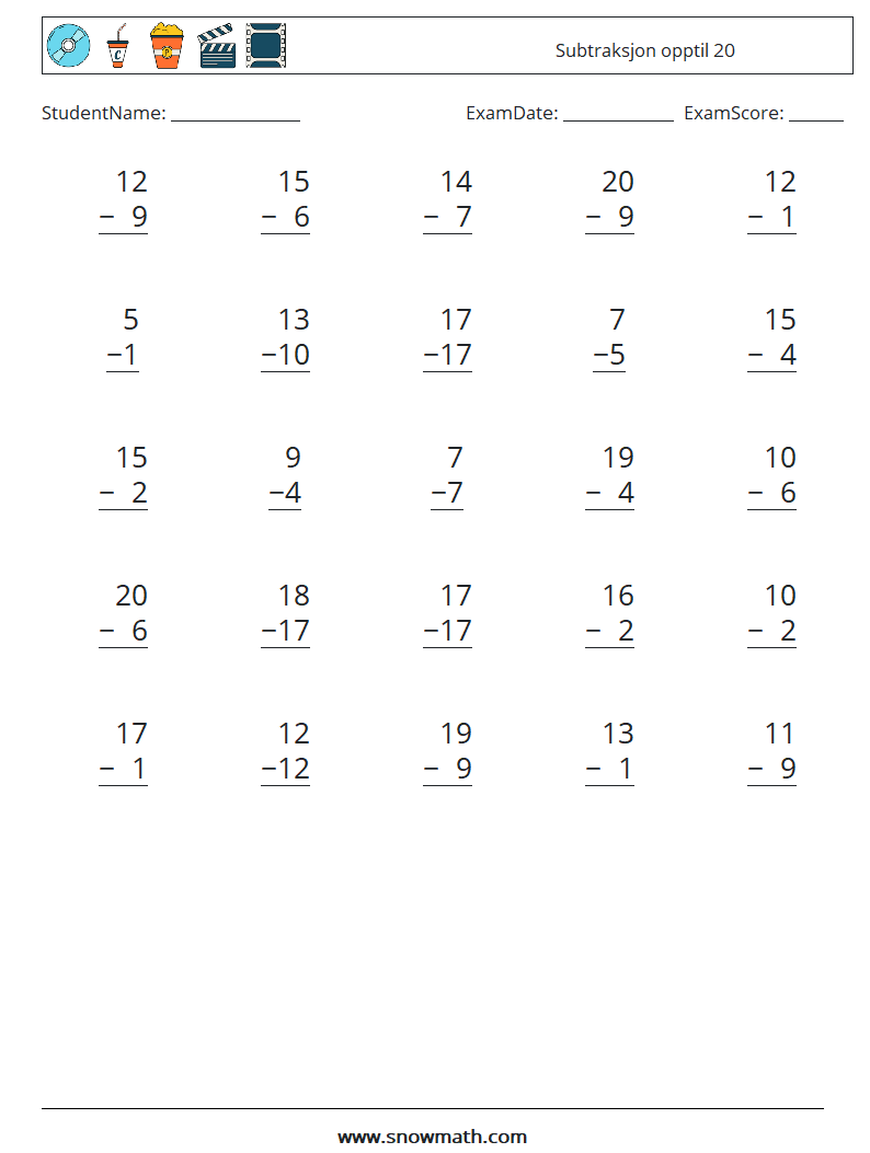 (25) Subtraksjon opptil 20 MathWorksheets 15