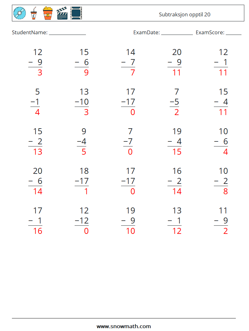 (25) Subtraksjon opptil 20 MathWorksheets 15 QuestionAnswer