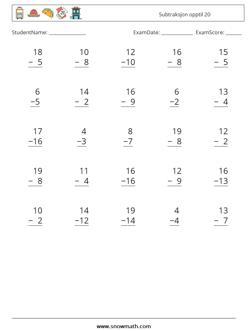 (25) Subtraksjon opptil 20 MathWorksheets 18