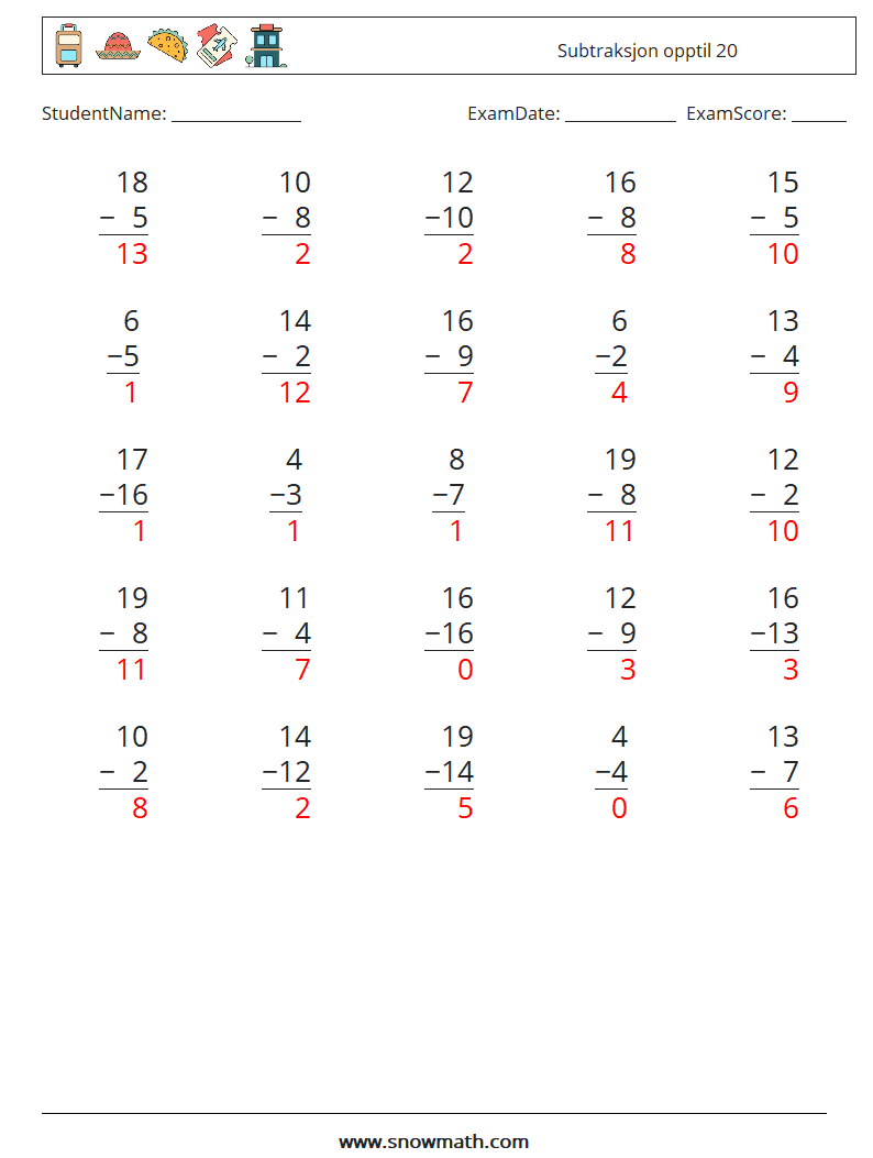 (25) Subtraksjon opptil 20 MathWorksheets 18 QuestionAnswer