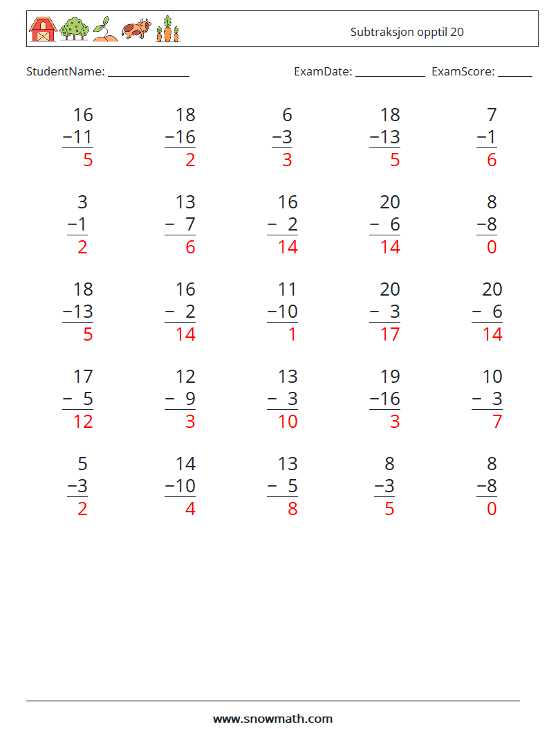 (25) Subtraksjon opptil 20 MathWorksheets 1 QuestionAnswer