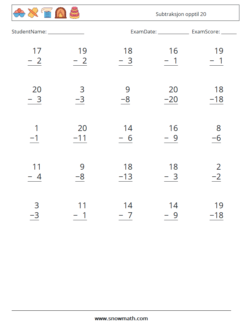 (25) Subtraksjon opptil 20 MathWorksheets 4