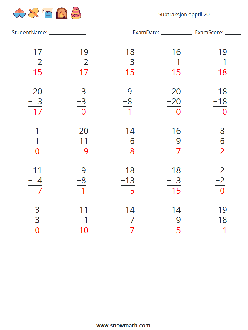 (25) Subtraksjon opptil 20 MathWorksheets 4 QuestionAnswer