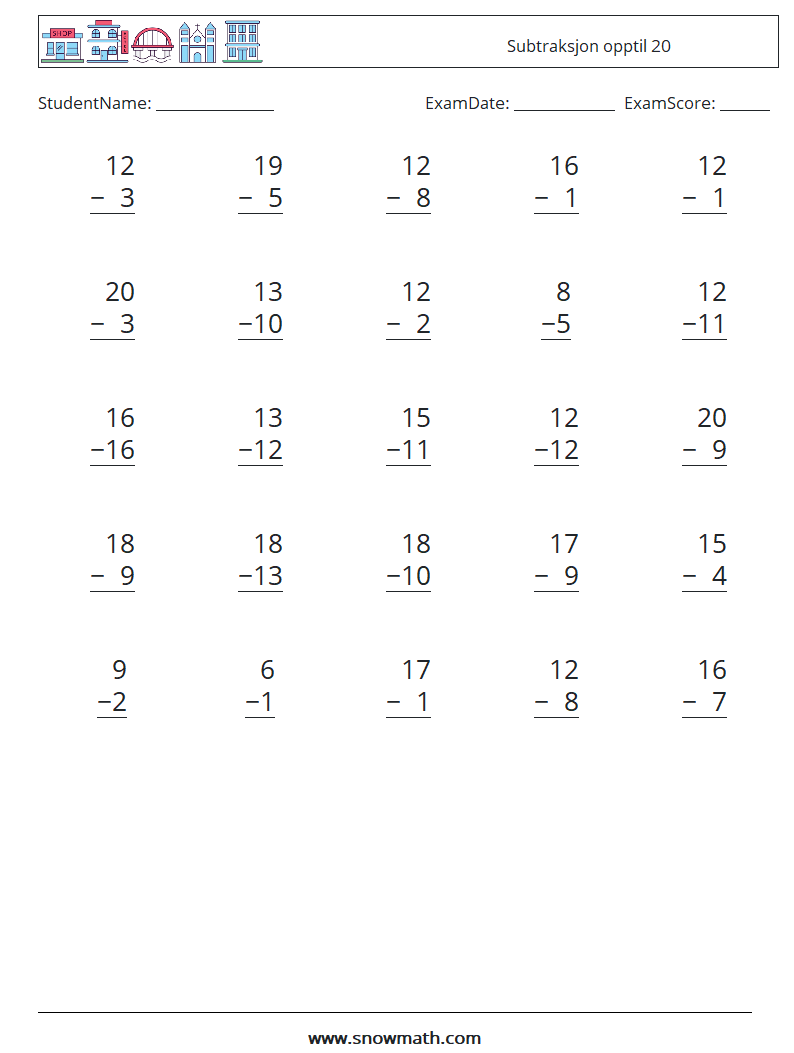 (25) Subtraksjon opptil 20 MathWorksheets 6