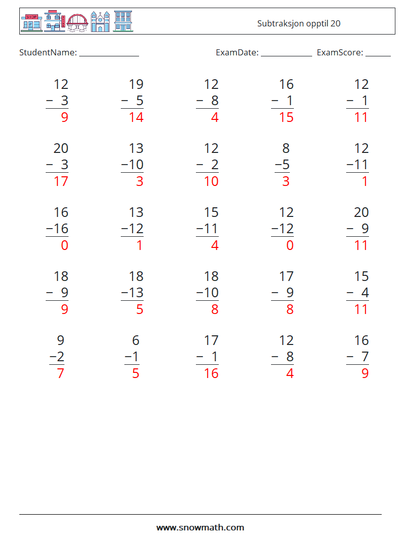 (25) Subtraksjon opptil 20 MathWorksheets 6 QuestionAnswer