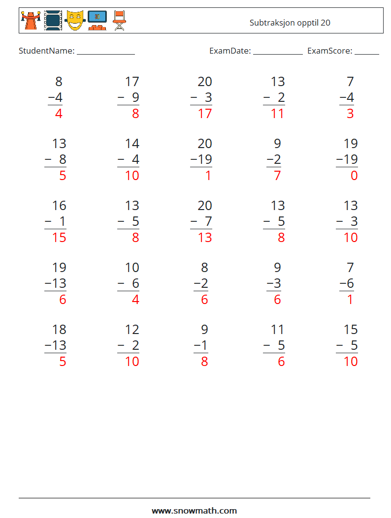 (25) Subtraksjon opptil 20 MathWorksheets 7 QuestionAnswer