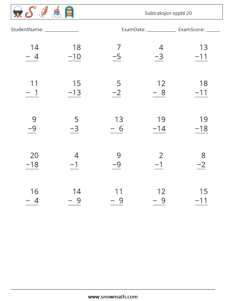 (25) Subtraksjon opptil 20 MathWorksheets 8