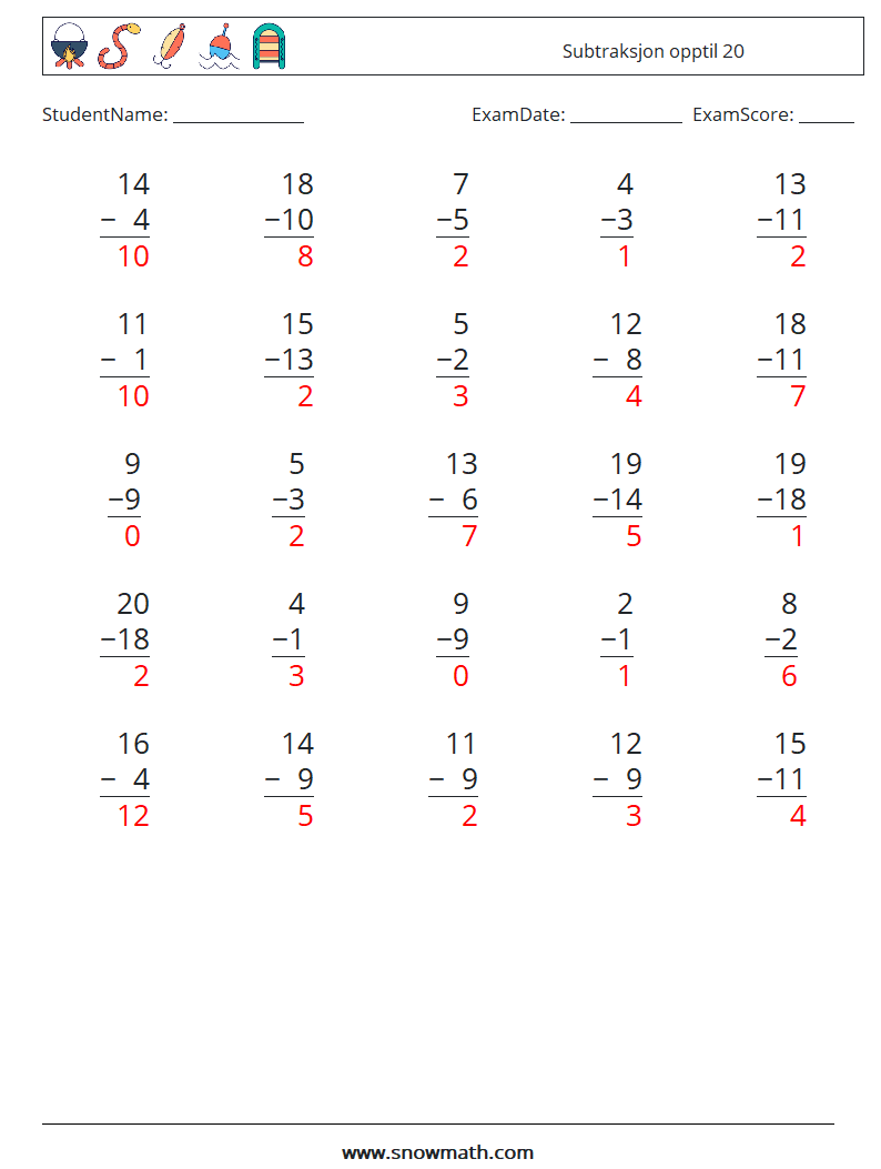 (25) Subtraksjon opptil 20 MathWorksheets 8 QuestionAnswer