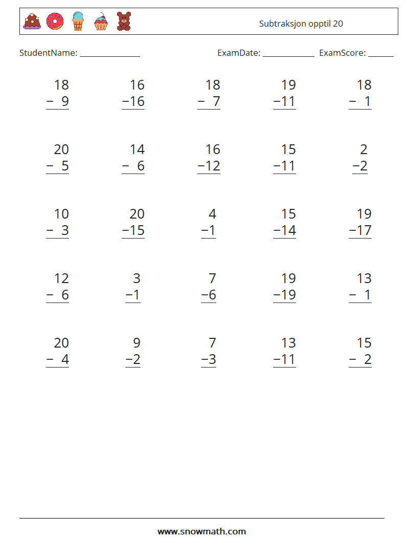 (25) Subtraksjon opptil 20 MathWorksheets 9