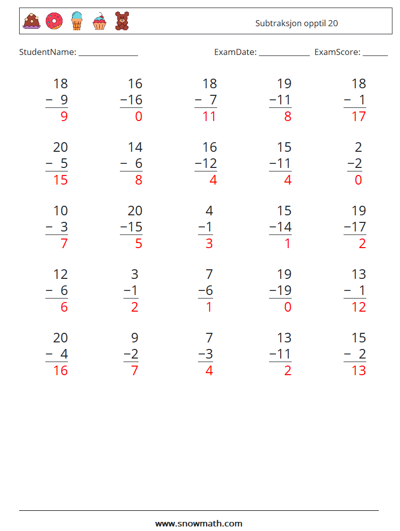 (25) Subtraksjon opptil 20 MathWorksheets 9 QuestionAnswer