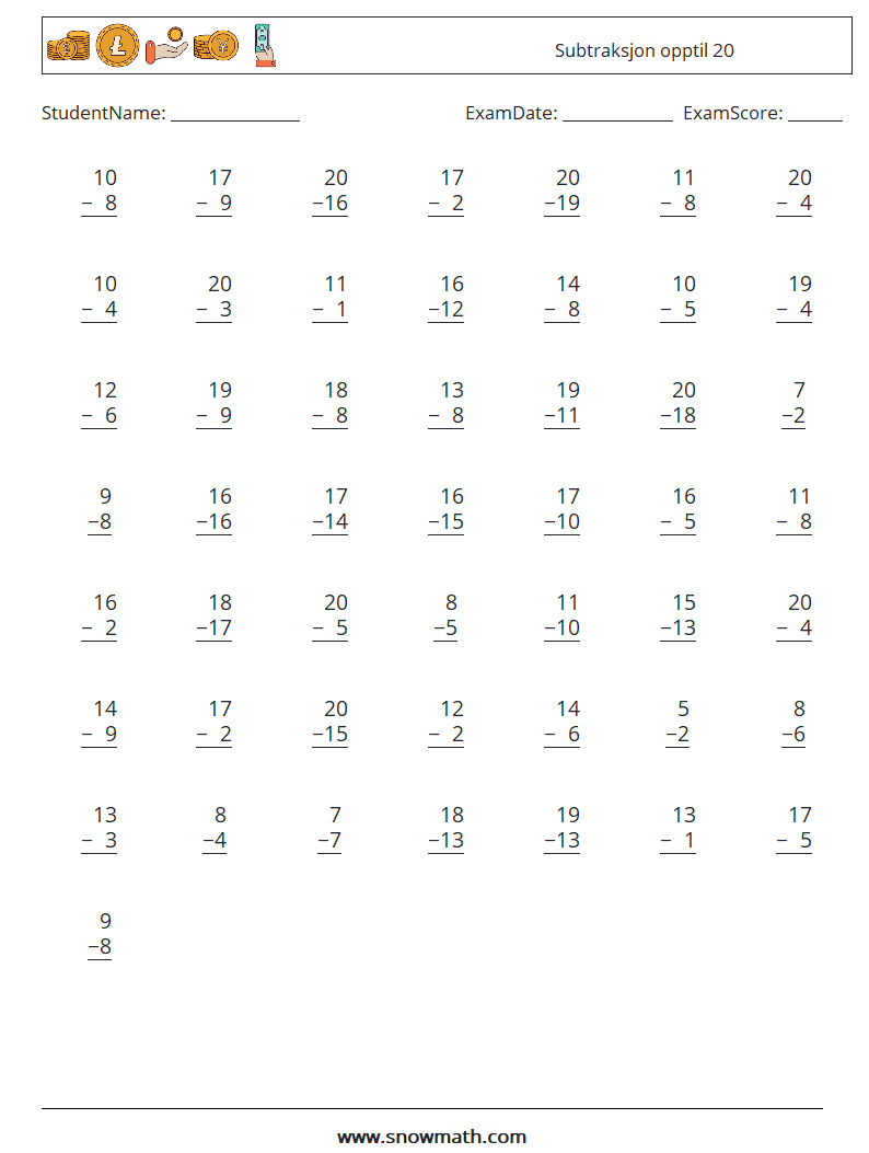 (50) Subtraksjon opptil 20 MathWorksheets 1