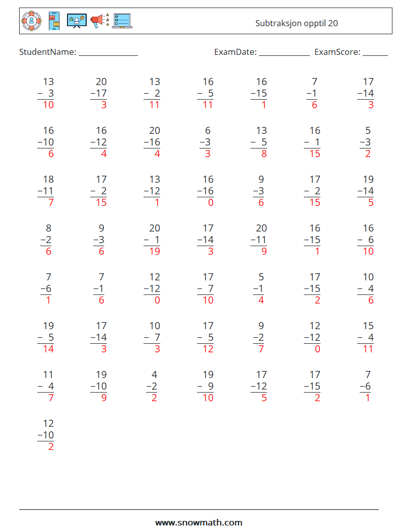 (50) Subtraksjon opptil 20 MathWorksheets 2 QuestionAnswer