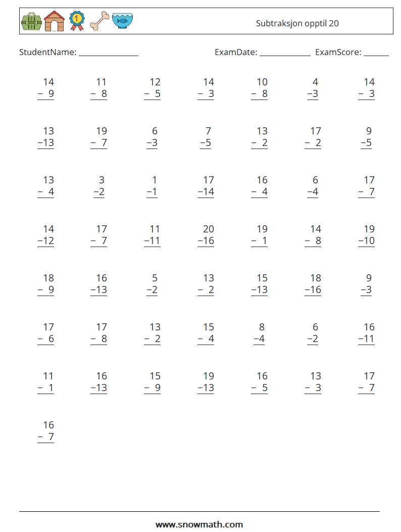 (50) Subtraksjon opptil 20 MathWorksheets 3