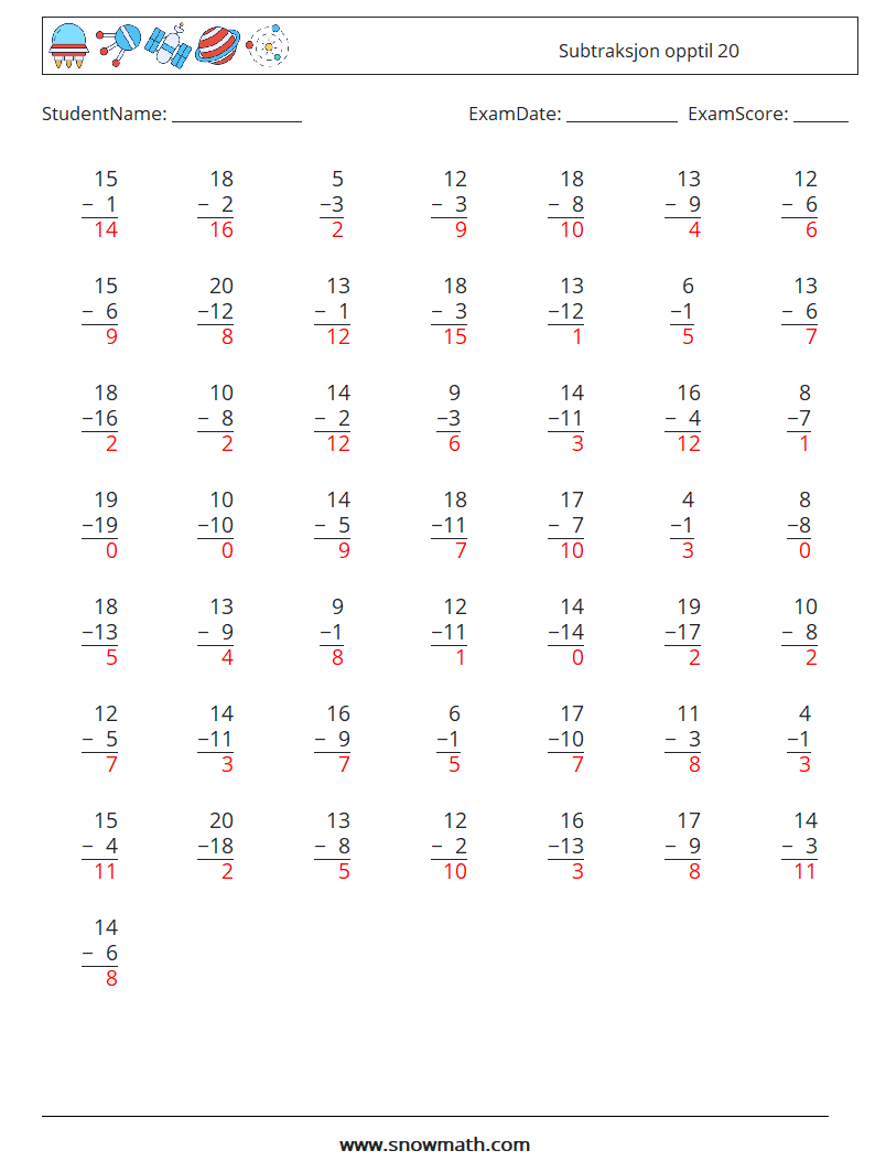 (50) Subtraksjon opptil 20 MathWorksheets 5 QuestionAnswer