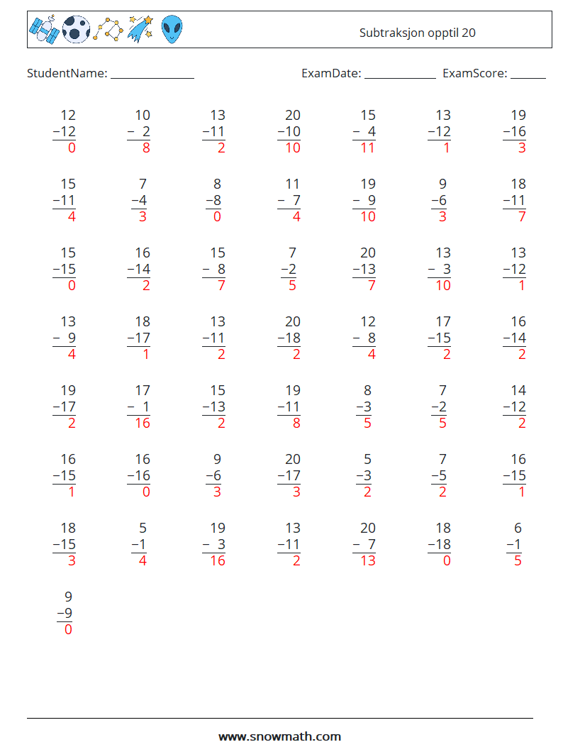 (50) Subtraksjon opptil 20 MathWorksheets 6 QuestionAnswer