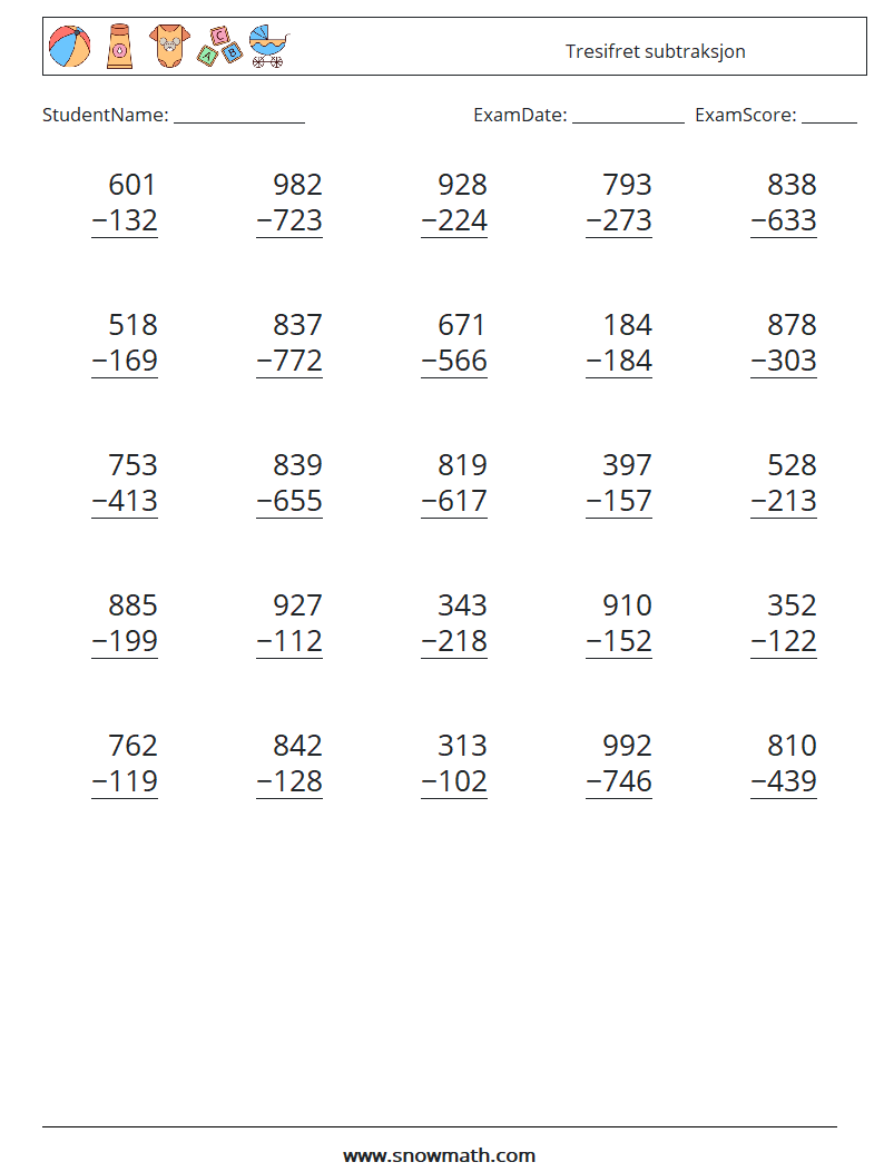 (25) Tresifret subtraksjon MathWorksheets 1