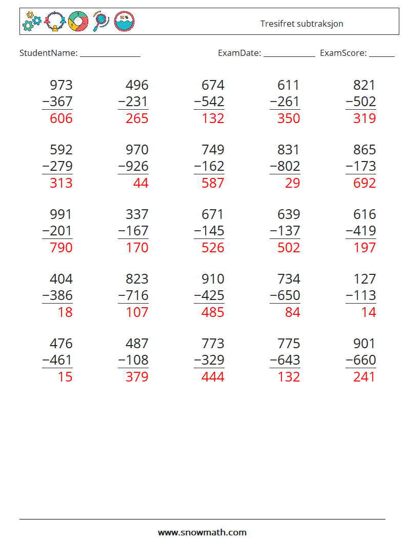 (25) Tresifret subtraksjon MathWorksheets 10 QuestionAnswer