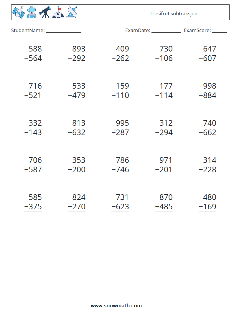 (25) Tresifret subtraksjon MathWorksheets 12