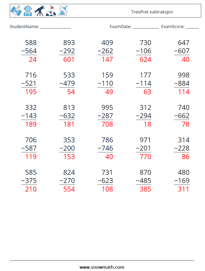 (25) Tresifret subtraksjon MathWorksheets 12 QuestionAnswer