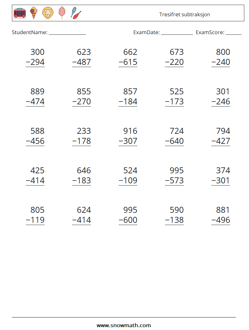 (25) Tresifret subtraksjon MathWorksheets 13