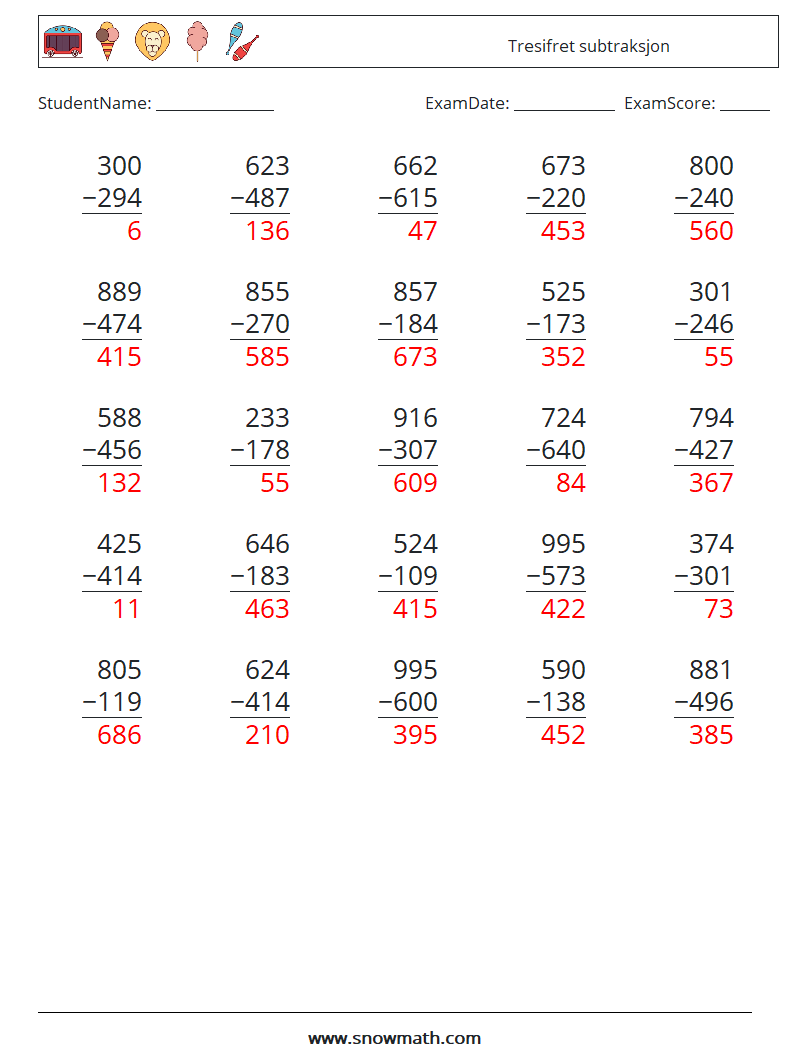 (25) Tresifret subtraksjon MathWorksheets 13 QuestionAnswer