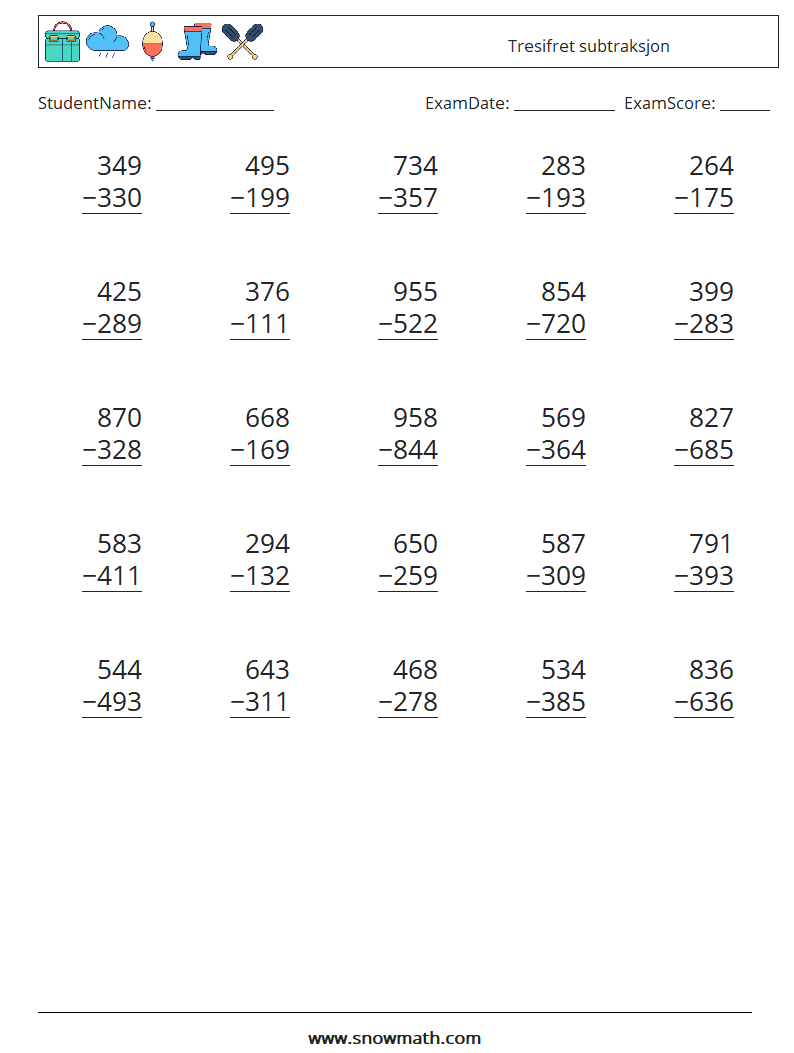 (25) Tresifret subtraksjon MathWorksheets 15