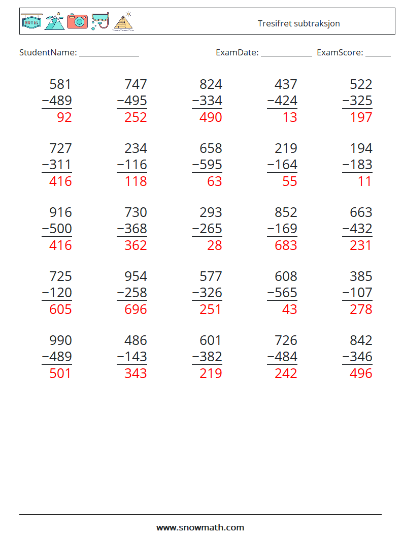 (25) Tresifret subtraksjon MathWorksheets 16 QuestionAnswer