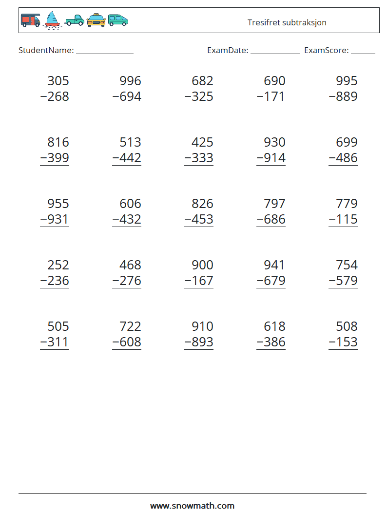 (25) Tresifret subtraksjon MathWorksheets 17