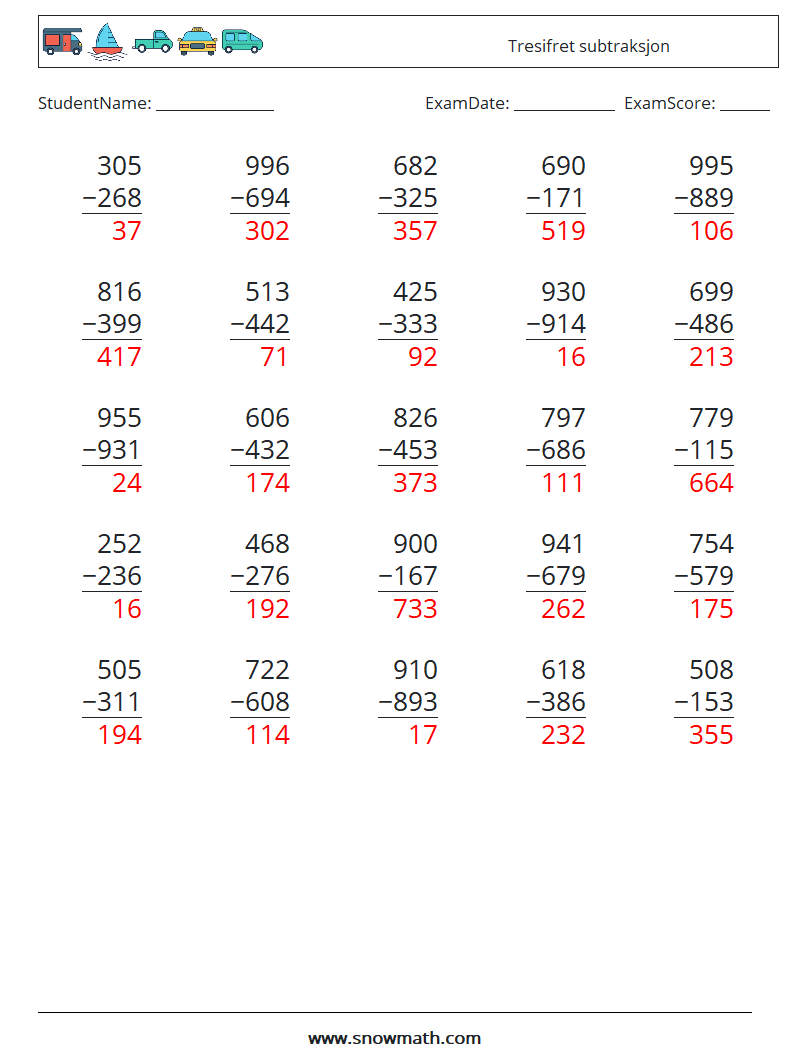 (25) Tresifret subtraksjon MathWorksheets 17 QuestionAnswer