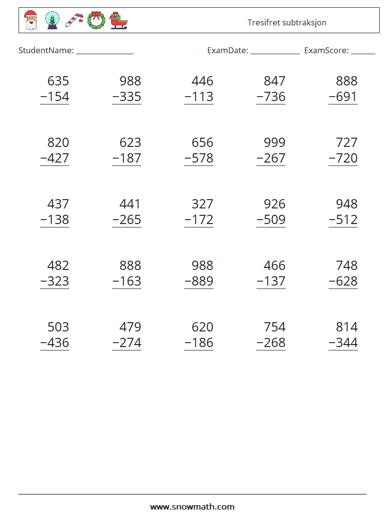 (25) Tresifret subtraksjon MathWorksheets 18