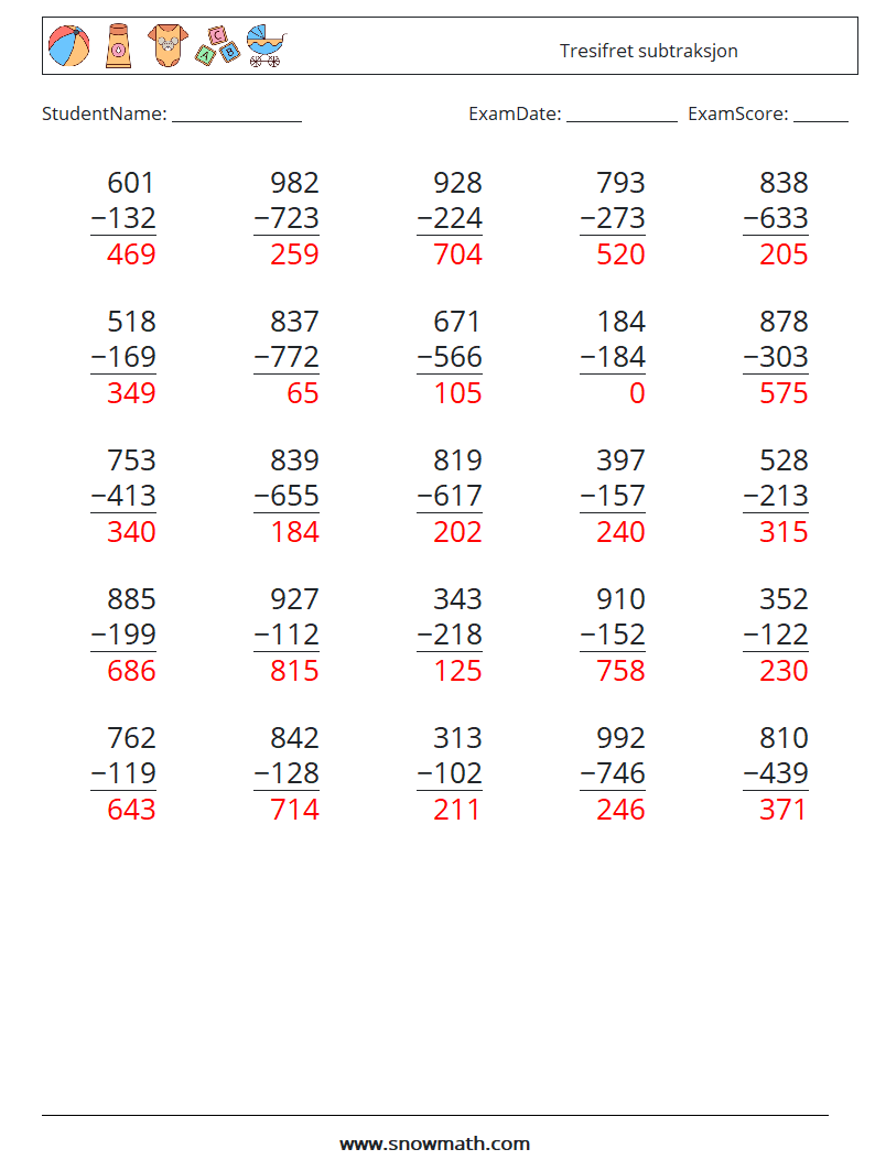 (25) Tresifret subtraksjon MathWorksheets 1 QuestionAnswer