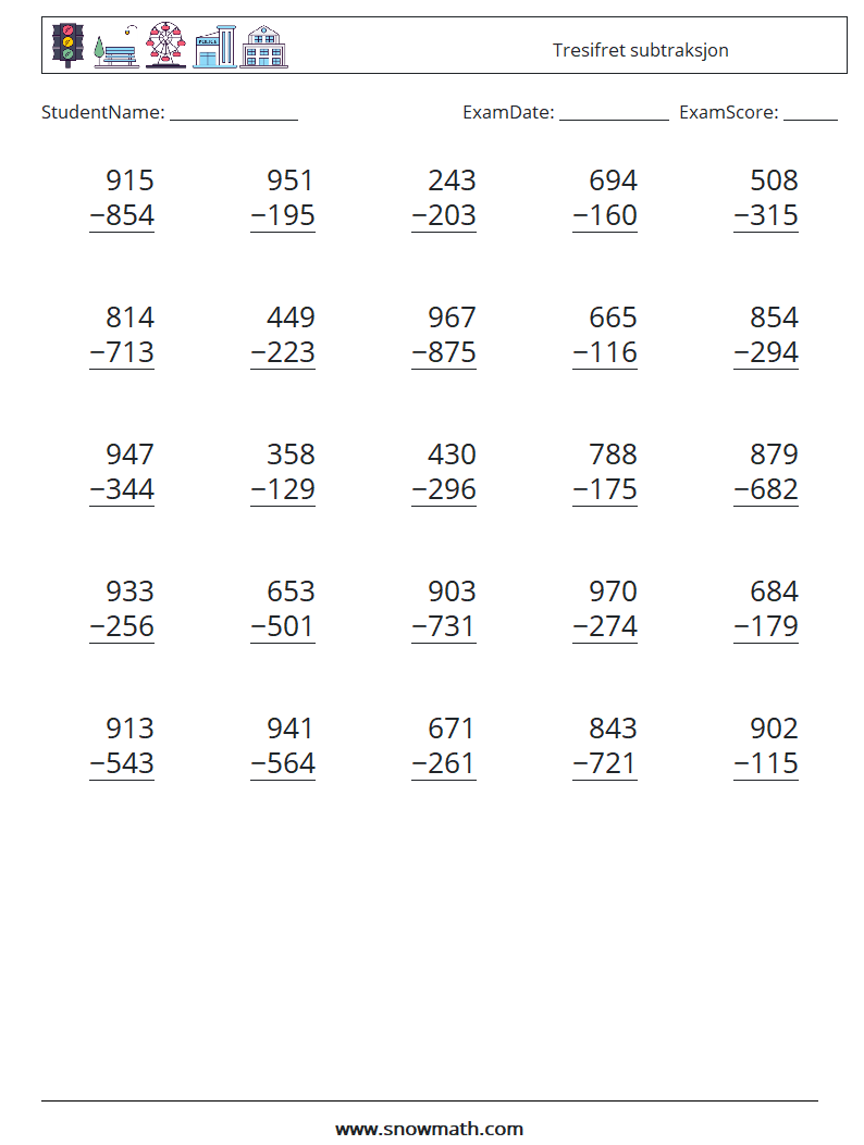 (25) Tresifret subtraksjon MathWorksheets 2