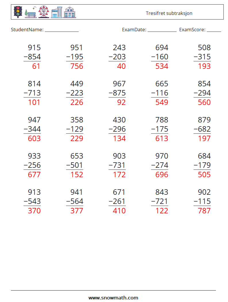 (25) Tresifret subtraksjon MathWorksheets 2 QuestionAnswer