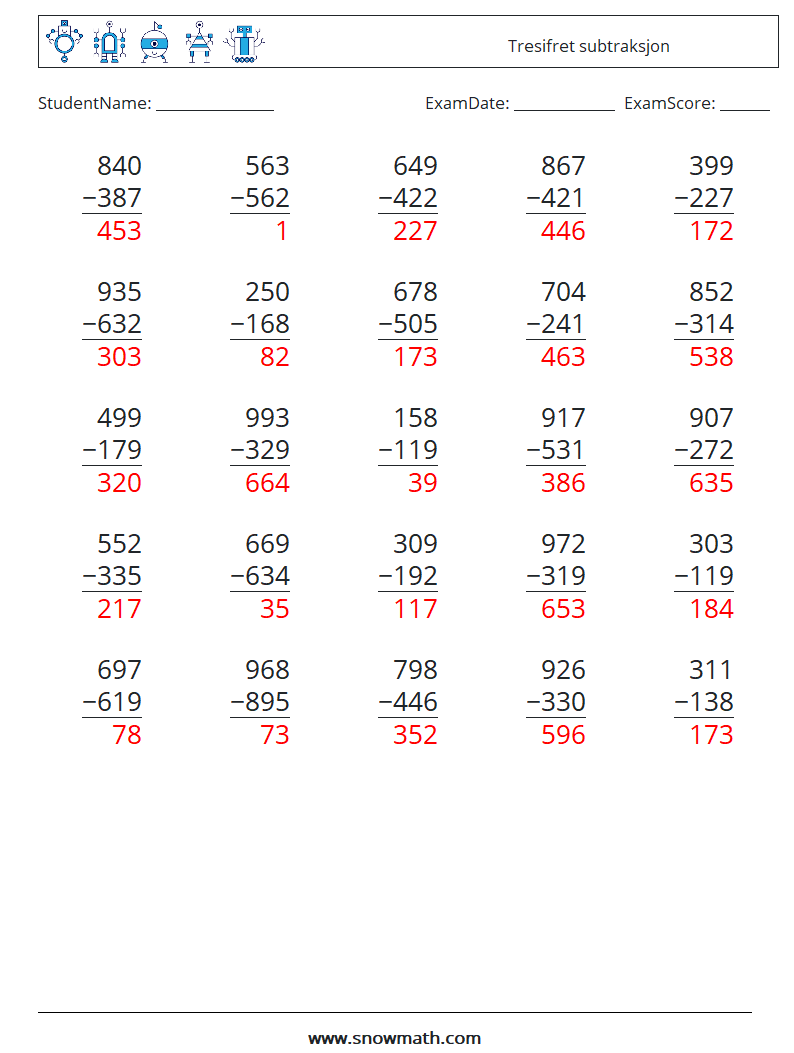 (25) Tresifret subtraksjon MathWorksheets 3 QuestionAnswer