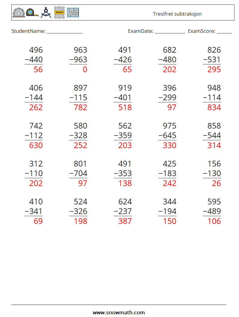 (25) Tresifret subtraksjon MathWorksheets 4 QuestionAnswer