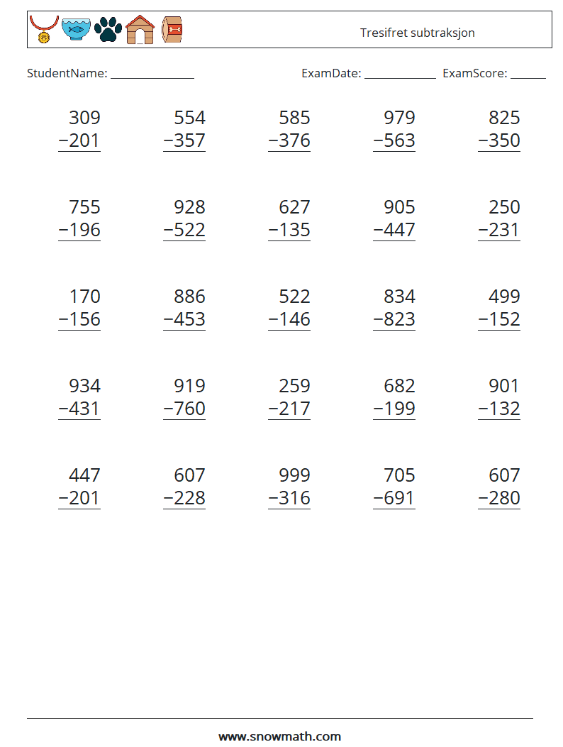 (25) Tresifret subtraksjon MathWorksheets 5