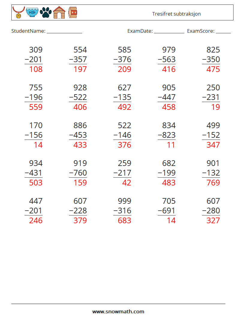 (25) Tresifret subtraksjon MathWorksheets 5 QuestionAnswer