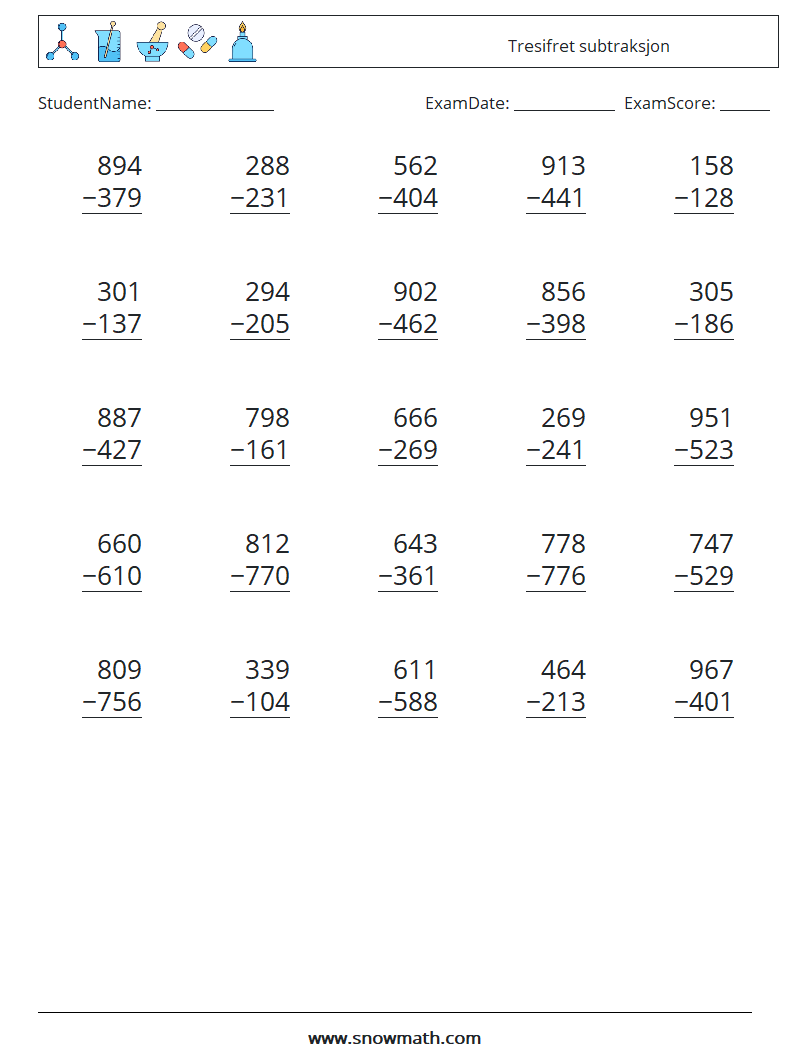 (25) Tresifret subtraksjon MathWorksheets 6