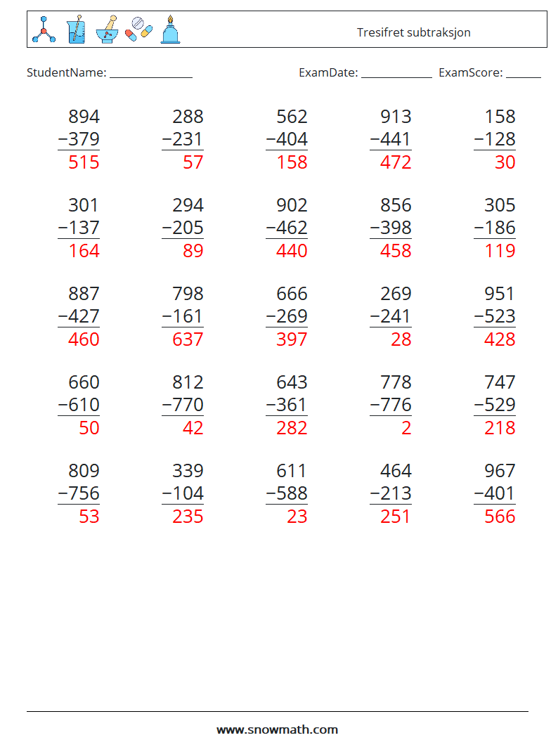 (25) Tresifret subtraksjon MathWorksheets 6 QuestionAnswer