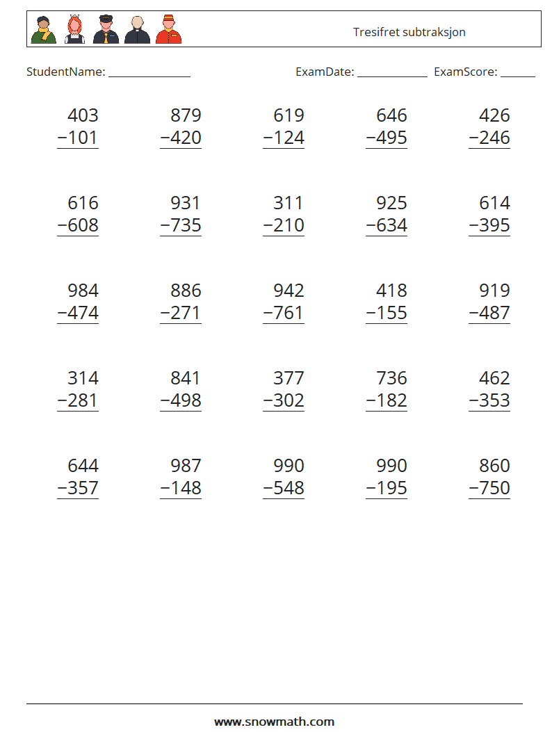 (25) Tresifret subtraksjon MathWorksheets 7