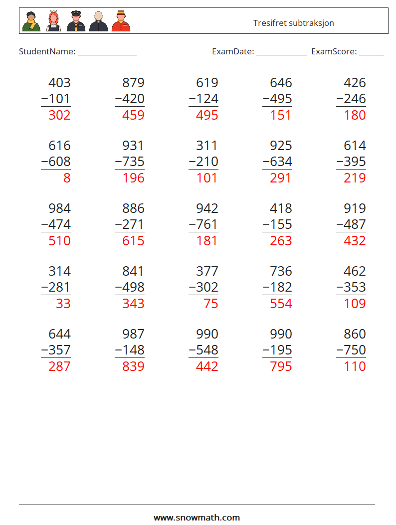 (25) Tresifret subtraksjon MathWorksheets 7 QuestionAnswer