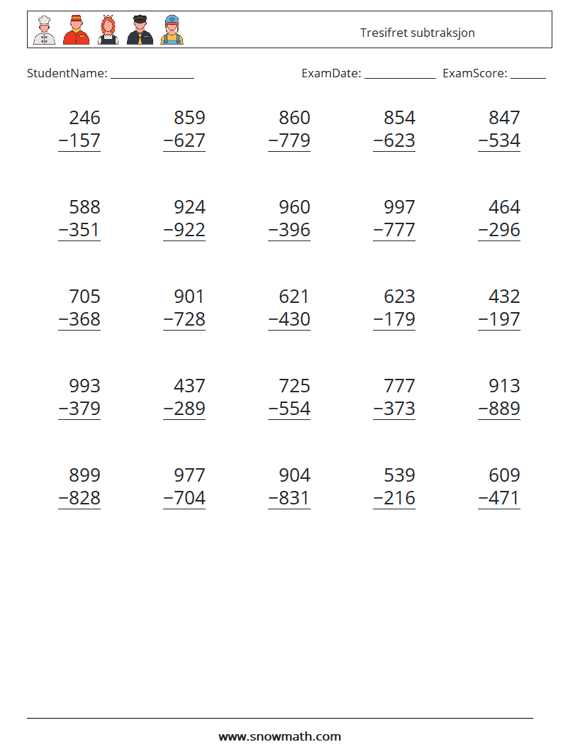 (25) Tresifret subtraksjon MathWorksheets 8