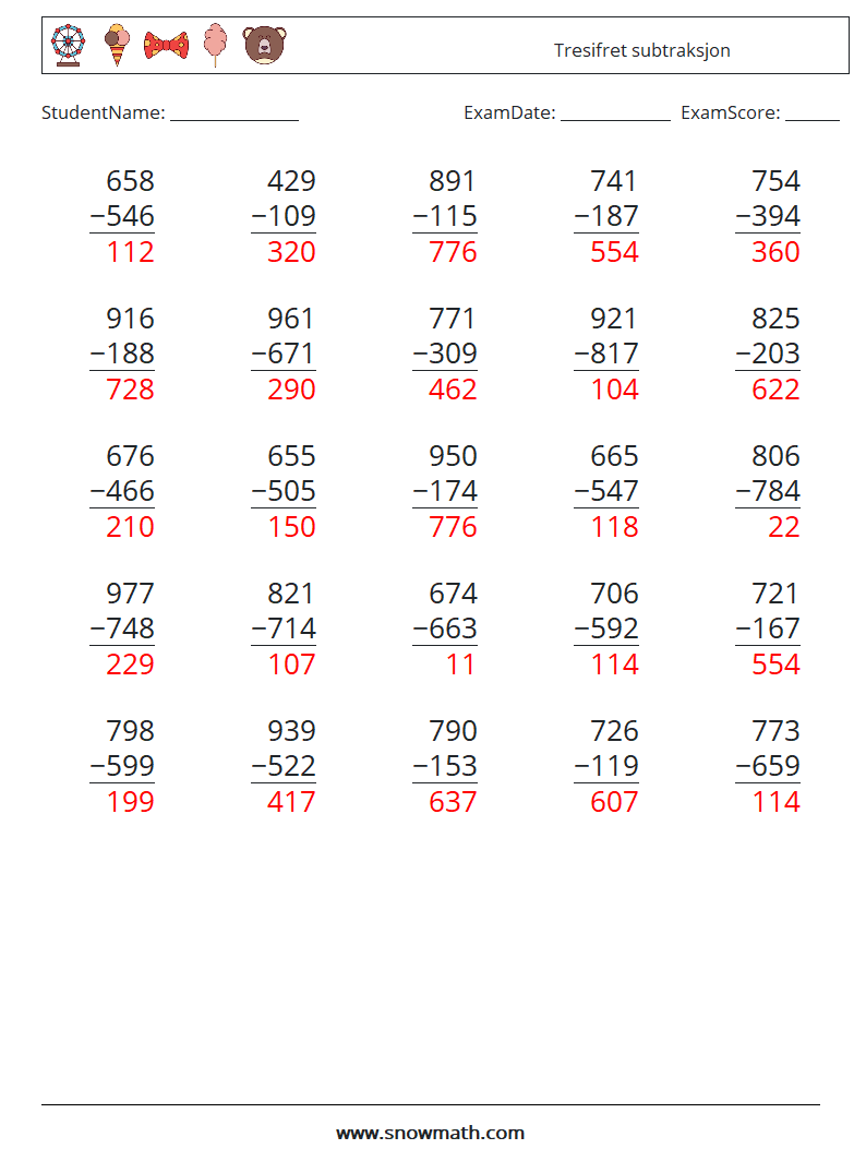 (25) Tresifret subtraksjon MathWorksheets 9 QuestionAnswer