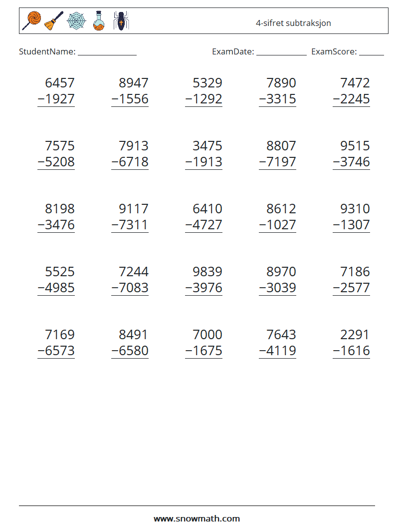 (25) 4-sifret subtraksjon MathWorksheets 1