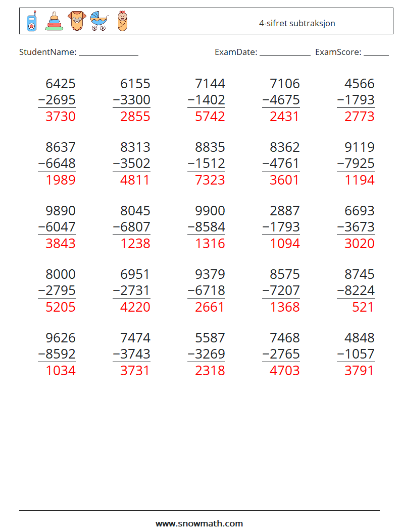 (25) 4-sifret subtraksjon MathWorksheets 10 QuestionAnswer