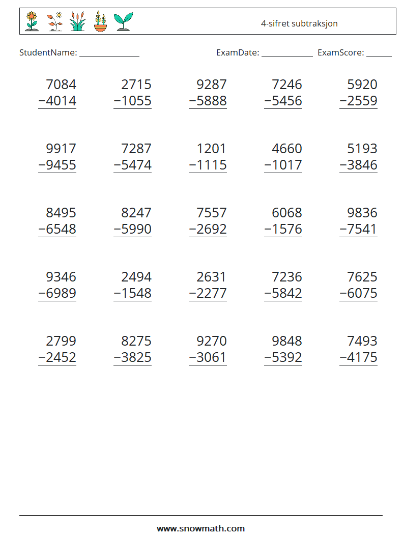 (25) 4-sifret subtraksjon MathWorksheets 11