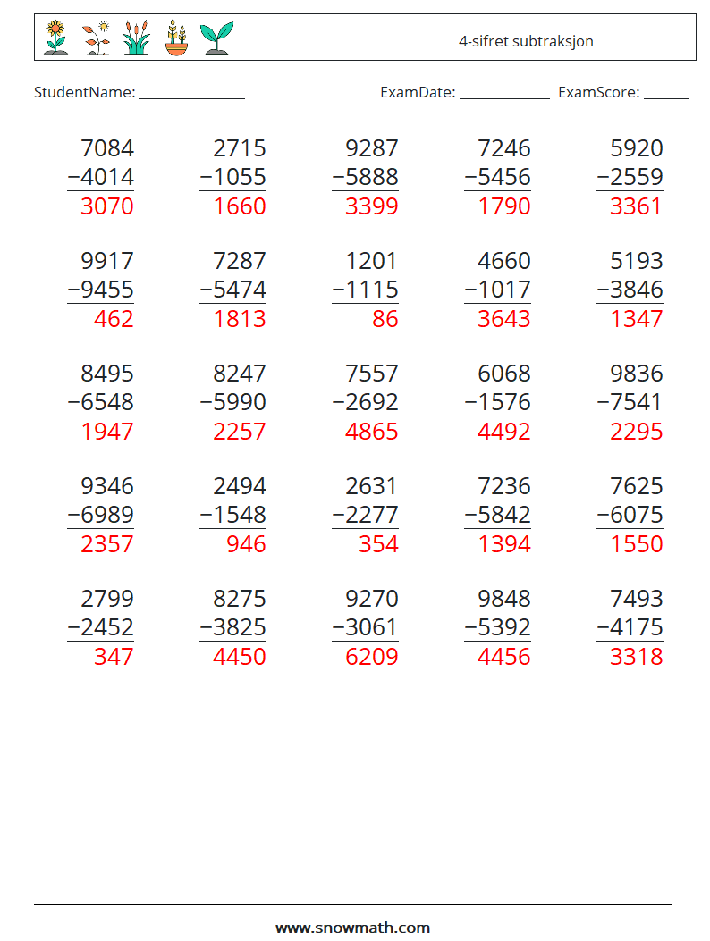 (25) 4-sifret subtraksjon MathWorksheets 11 QuestionAnswer