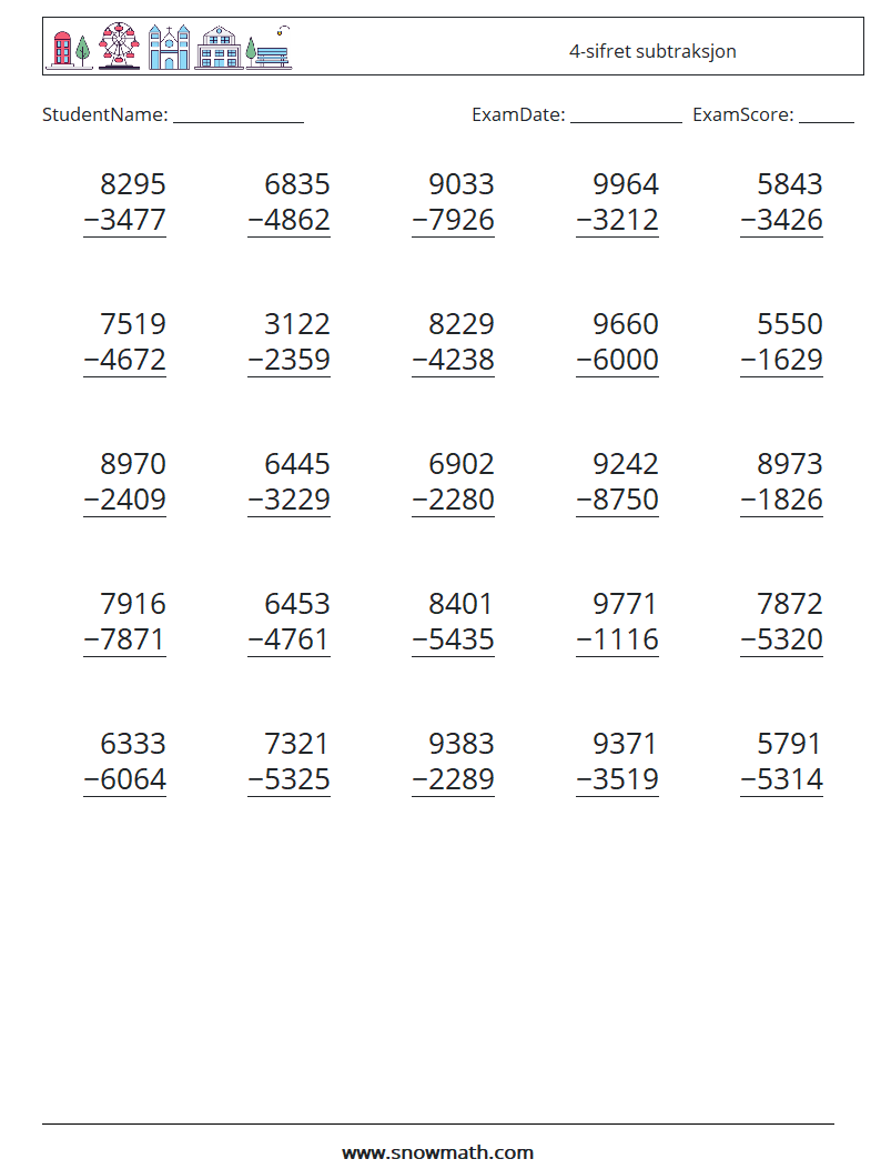 (25) 4-sifret subtraksjon MathWorksheets 13